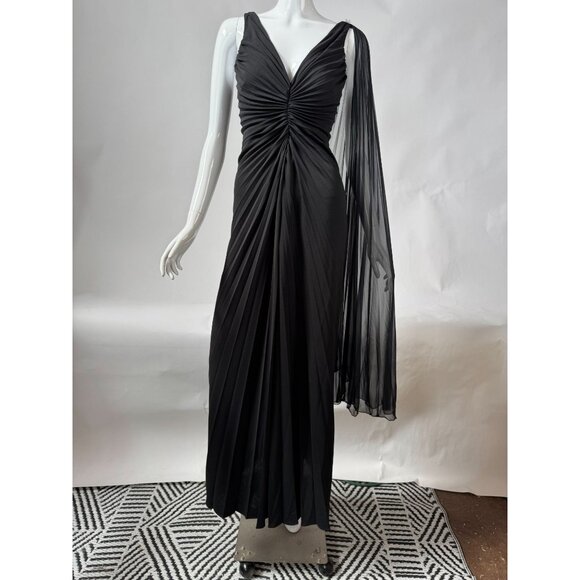 BCBG Max Azria Black Pleated Evening Gown With Sheer Asymmetrical Drape & Ruched - Picture 7 of 16